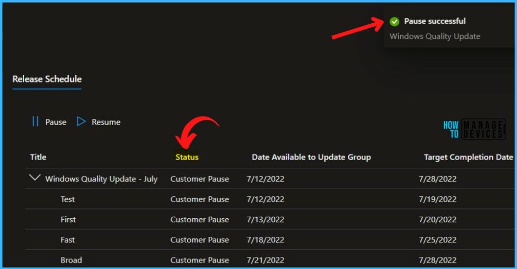 Pause Successful - Windows Autopatch Release Management 3