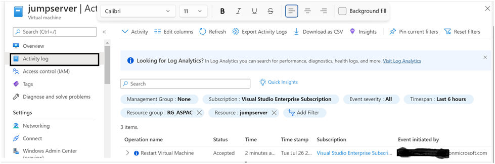 Reboot the VM from Azure Portal Vs Operating System 1