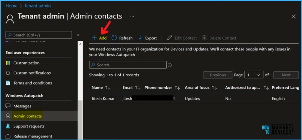 Click +Add - Add Admin Contact for Windows Autopatch Service In Intune Portal 3