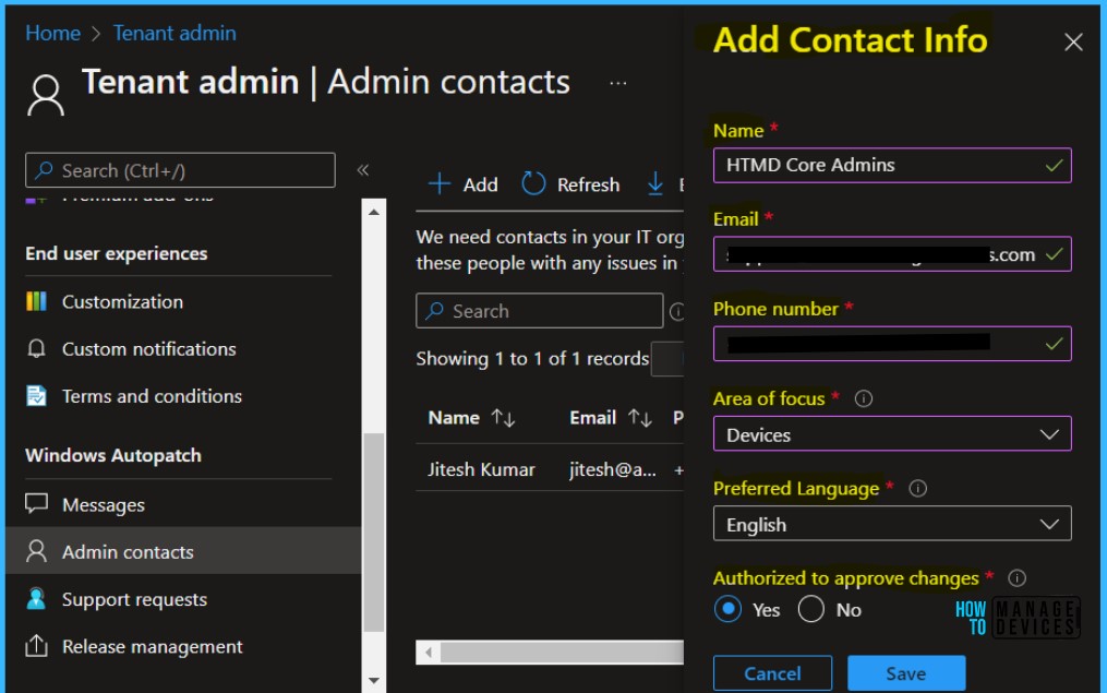 Add Contact Info - Add Admin Contact for Windows Autopatch Service In Intune Portal 4