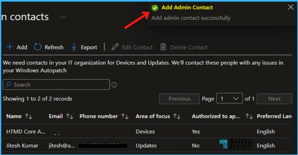 Contact Added Successfully - Add Admin Contact for Windows Autopatch Service In Intune Portal 5