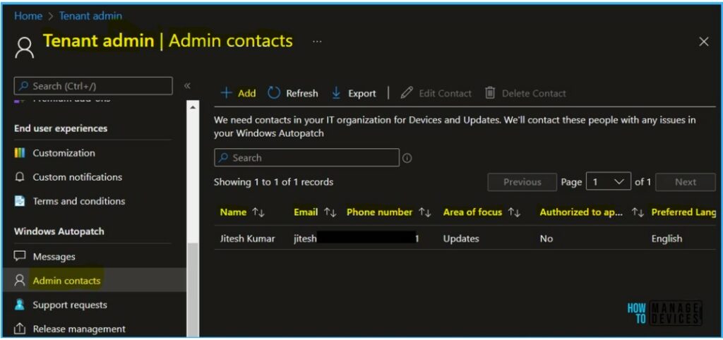 Admin Contacts - Add Admin Contact for Windows Autopatch Service In Intune Portal 1