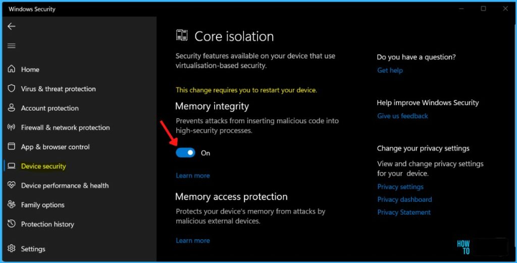 Turned on Memory Integrity - Windows Device Protection with Core Isolation Memory Integrity 2