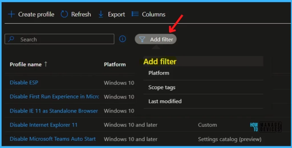 Add filter - Export Intune Device Configuration Profiles 4