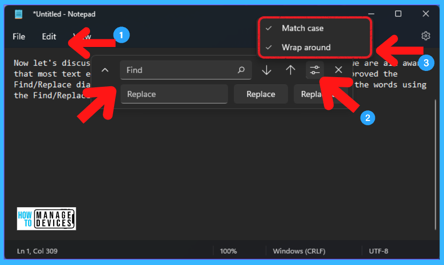 Features of Notepad in Windows 11 Find Option