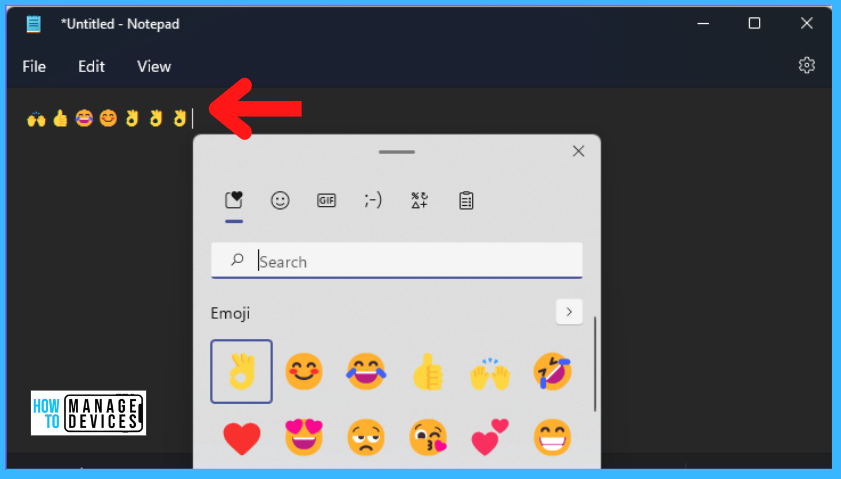 Features of Notepad in Windows 11 Emoji