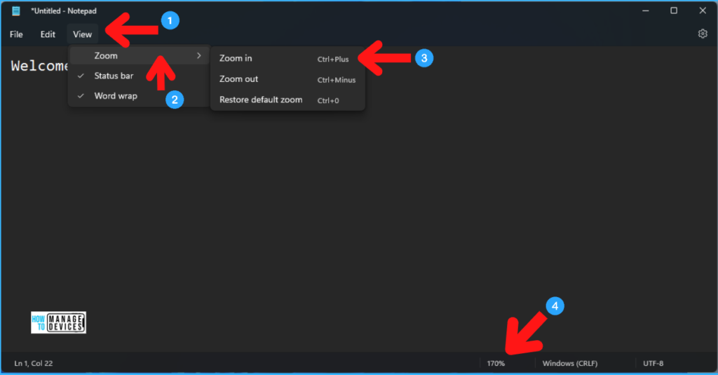 Features of Notepad in Windows 11 Zoom Option