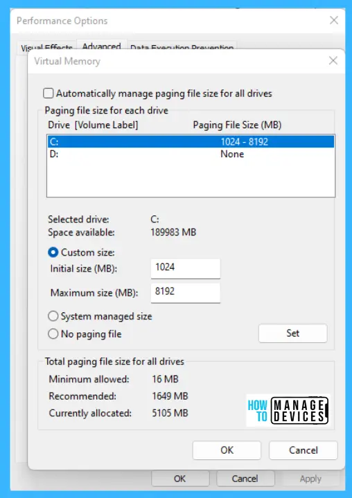 Increase Virtual Memory - Performance Option