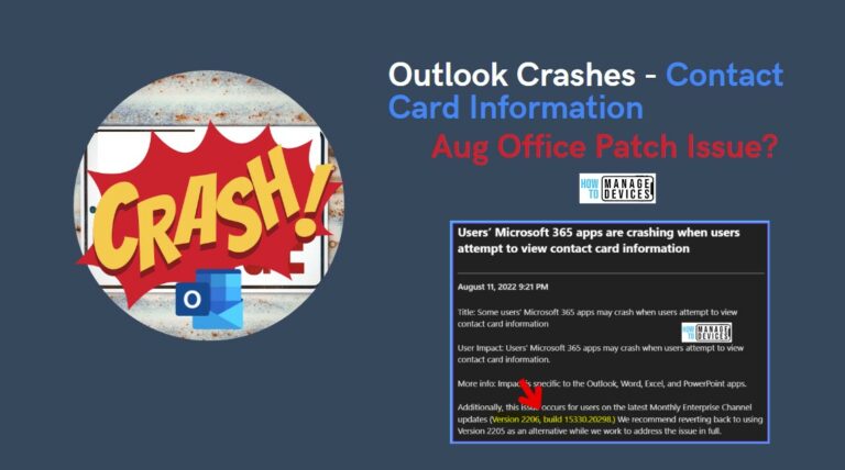 Outlook Crashes when users attempt to view Contact Card Information Aug Office Patch Issue Main