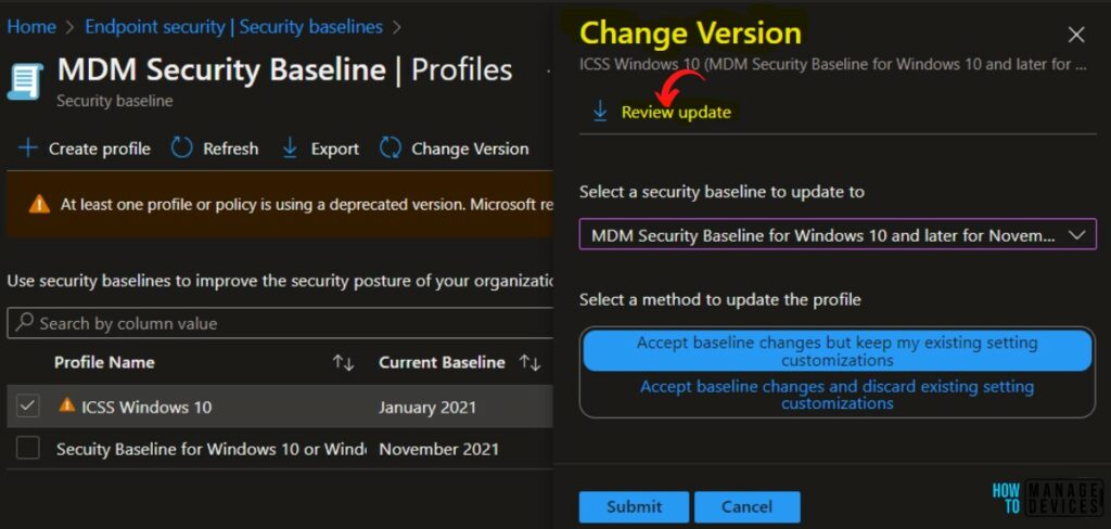 Click on Review Update - Update Intune Security Baseline Versions In MEM Admin Portal 4