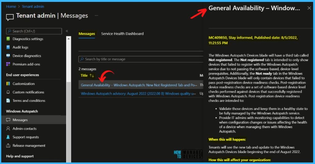 Messages - Windows Autopatch Service Health Status In MEM Admin Center 4