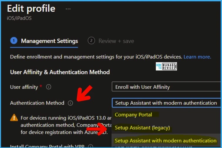 iOS iPadOS ADE enrollment Profile Authentication method Company Portal Removal from Intune 3