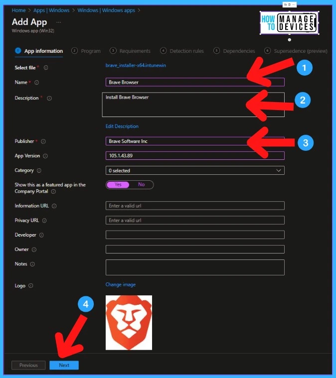 Deploy Brave Browser Using Intune - Add App Information