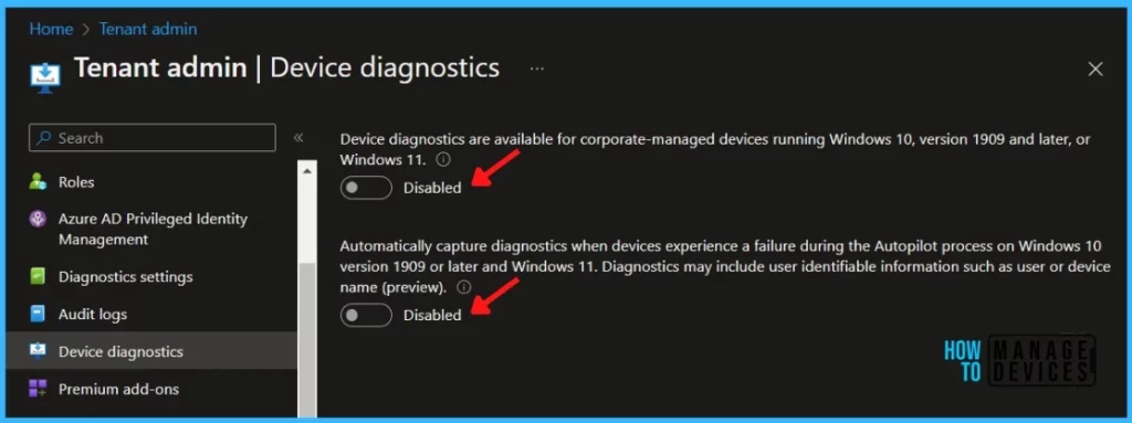 Disable Collect Intune Logs option from MEM Portal Diagnostics