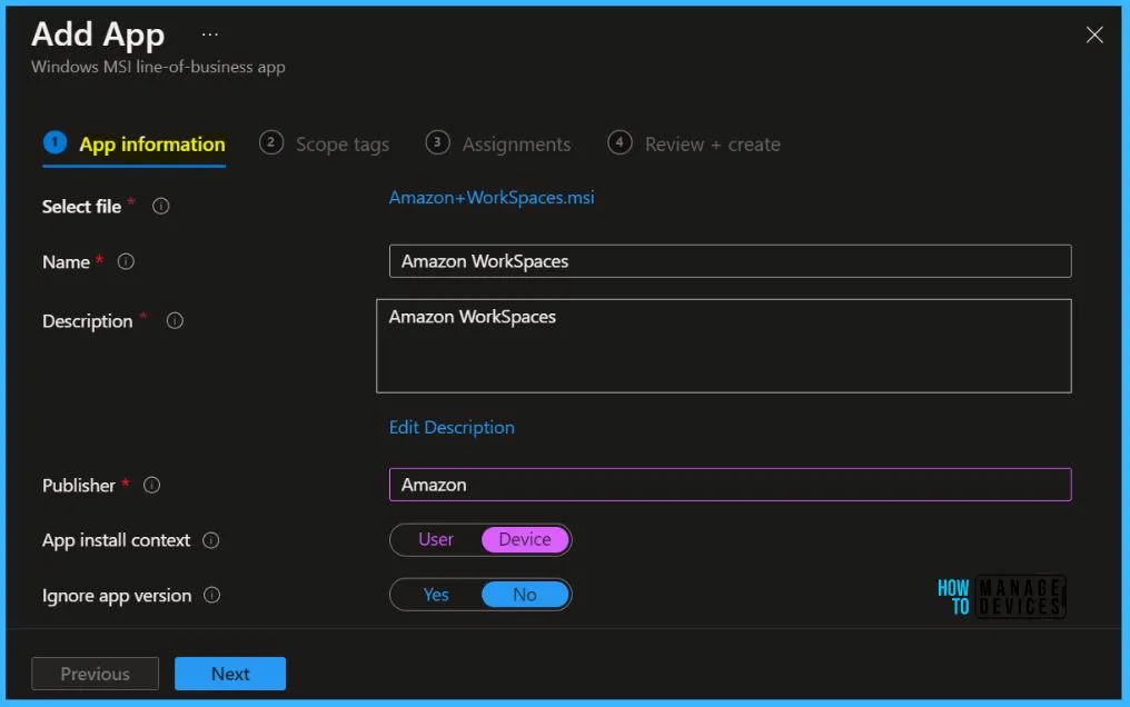 Specify App Information - Deploy Amazon WorkSpaces using Intune MEM 4