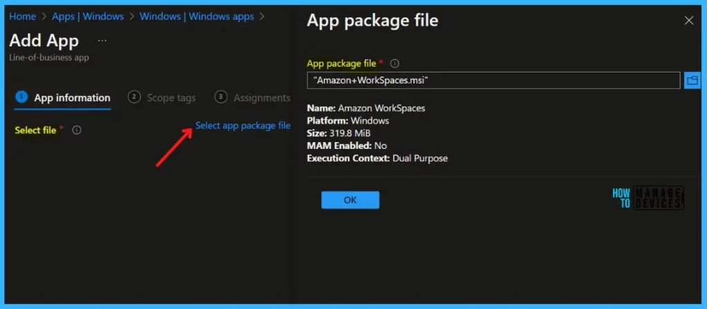 Select App package file - Deploy Amazon WorkSpaces using Intune MEM 3