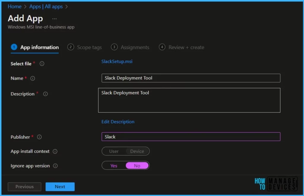 Add App information - Deploy Slack using Intune MSI Application Deployment Guide 4