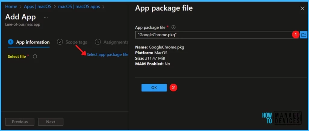 Select app package file - Deploy macOS LOB Apps using Intune MEM 3