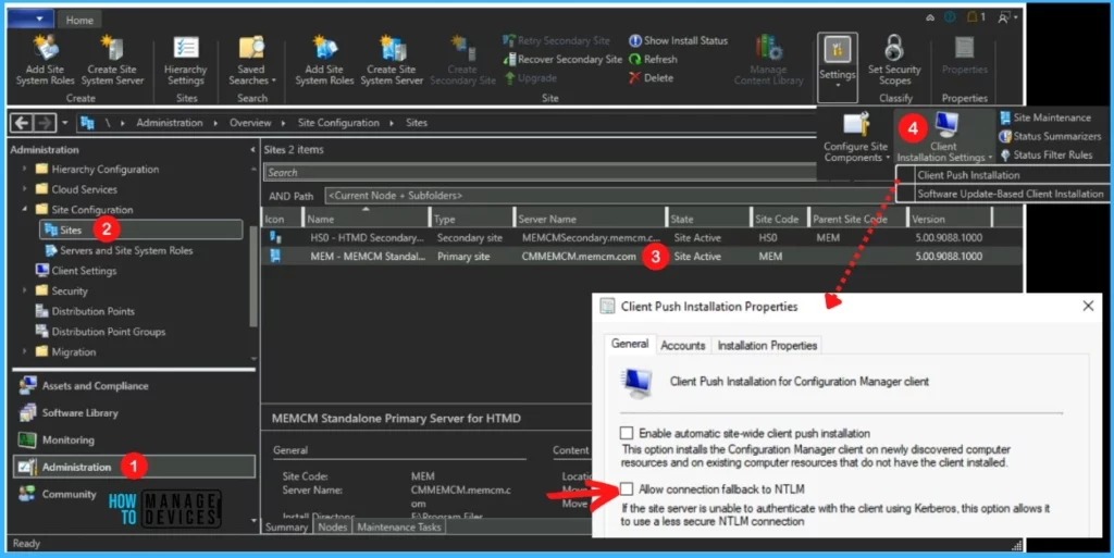 Client Push Installation Properties – SCCM Hotfix KB15599094 NTLM Client Installation Update 1