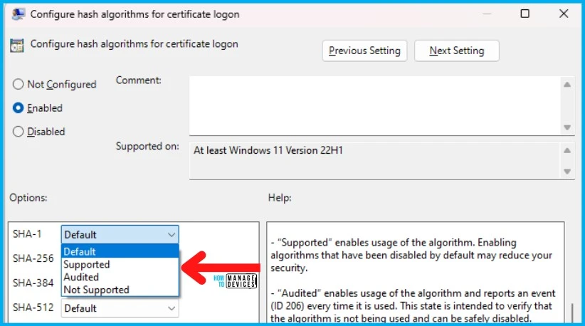 New Windows 11 Configure Hash Algorithms for Certificate Logon Authentication Group Policy for Kerberos 4