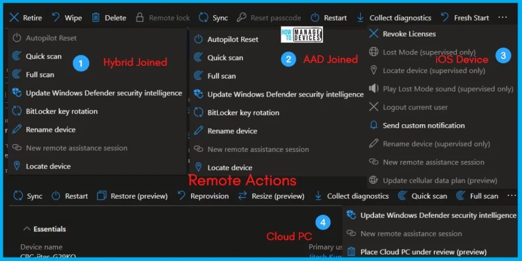 Remote Action Buttons missing issue within Intune MEM Admin console 1