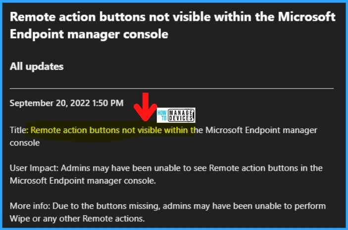 Remote Action Buttons missing issue within Intune MEM Admin console 2