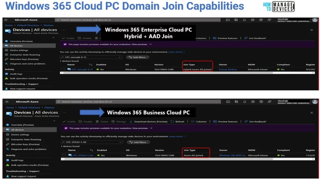 Domain Join - Compare Windows 365 Business Vs Enterprise Cloud PC