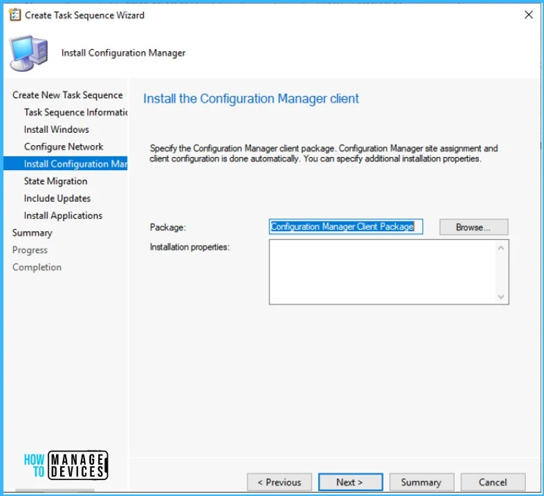 Create Task Sequence Wizard - Specify SCCM Client Package