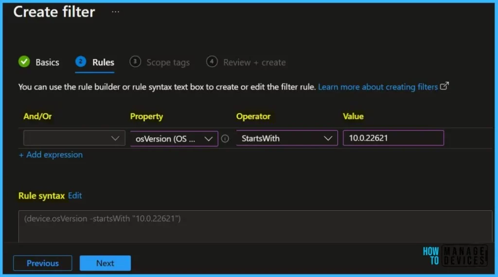 Rule -  Intune Assignment filter Windows 11 22H2 devices | Endpoint Manager 3