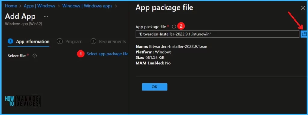 Select app package file - Deploy Bitwarden Password Manager using Intune 3