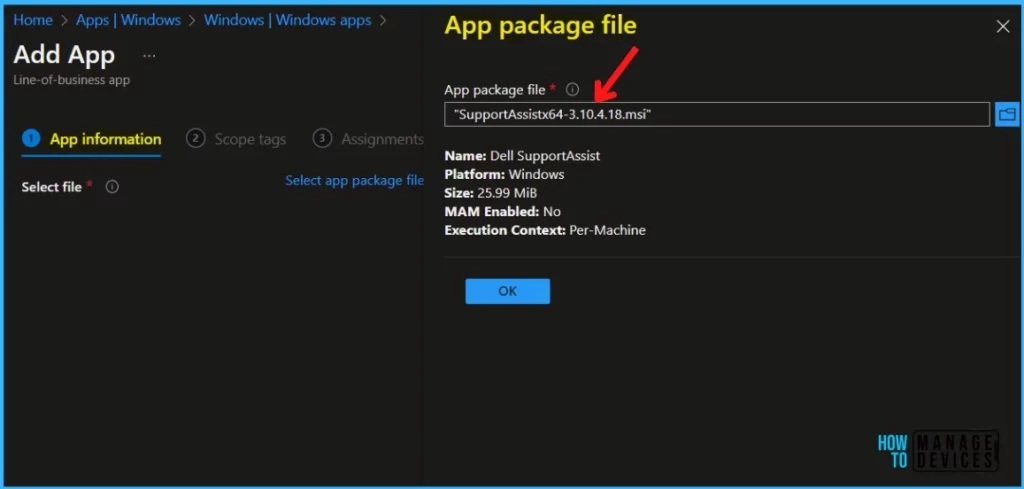 Select App package file - Deploy Dell SupportAssist Using Intune Fig.3