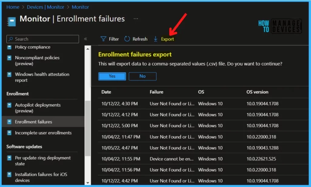 Export Intune Enrollment Failure Report for Device 7