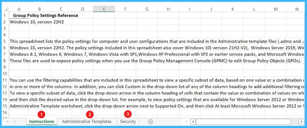 Download Group Policy SpreadSheet for Windows 10 - Windows 10 22H2 Group Policy Settings Details