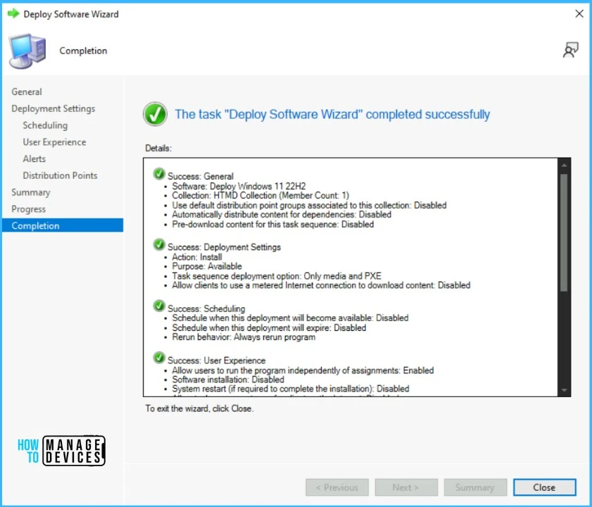 The task completed successfully - Best Guide to Deploy Windows 11 22H2 using SCCM