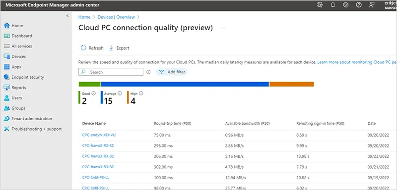 Connection Quality - Windows 365 Cloud PC Performance Report from Intune Fig. 3