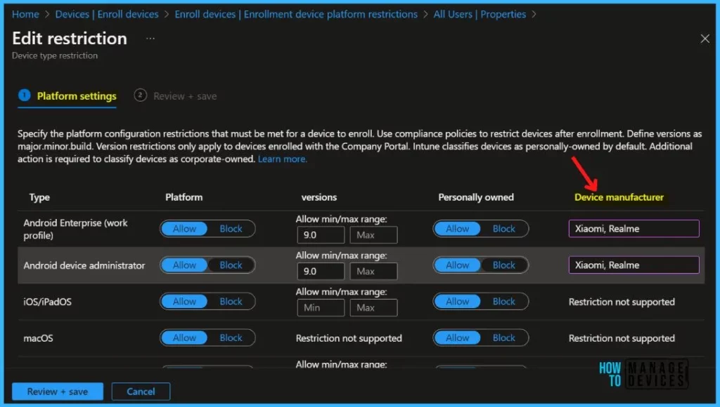 Specify Device Manufacturer - Block Android Device Manufacturer Enrollment in Intune Fig.4