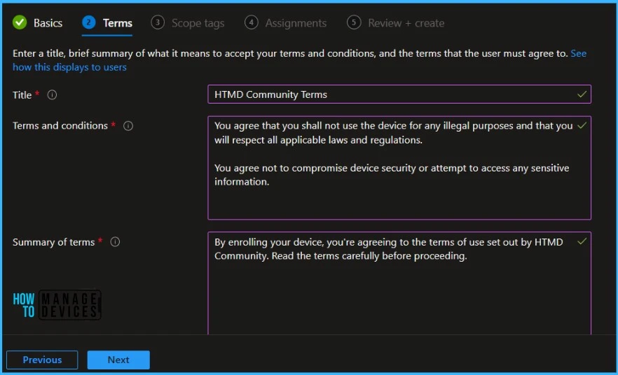 Create Intune Terms and Conditions for Device Enrollment Fig.3