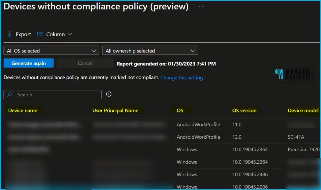 Intune Report for Devices without Compliance Policy Fig.4