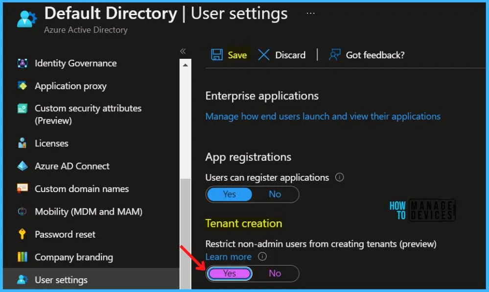 Restrict Azure AD Tenant Creation for Users Fig.1