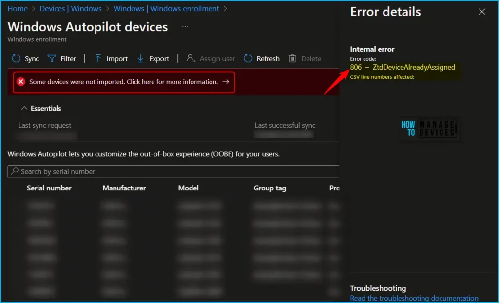 Windows Autopilot Device Import Error 806 808 Fig.1