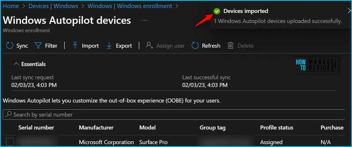 Device Imported Success - Windows Autopilot Enrollment with Error 0x801C03ED Fig.2