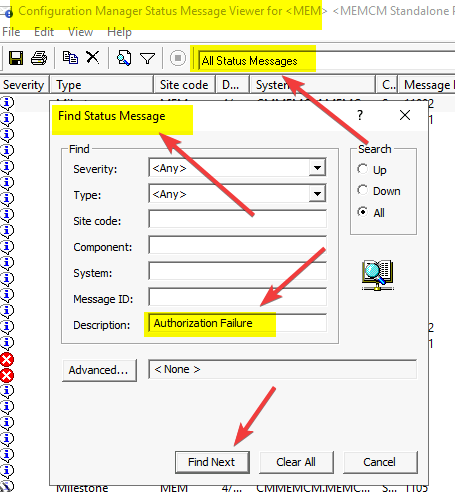 The authorization failure message in the admin service is now shown in the Status message viewer