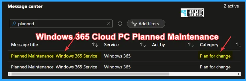 Planned Maintenance for Windows 365 Cloud PC Service Today Fig 1