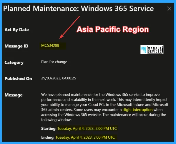 Planned Maintenance for Windows 365 Cloud PC Service Today Fig 2