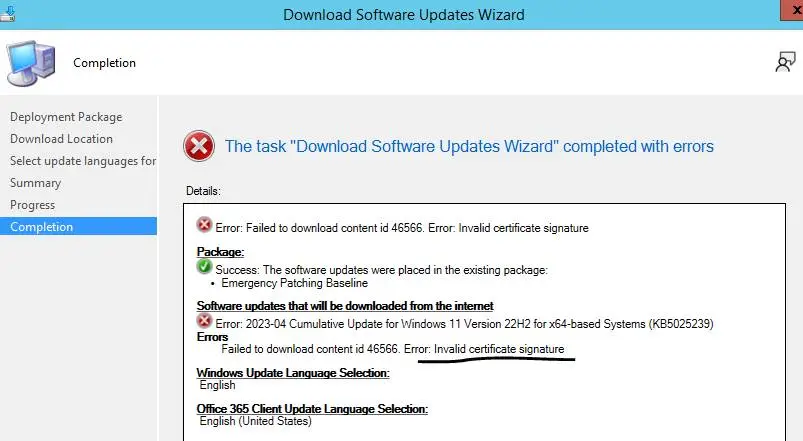 SCCM Failed to Download Updates Error Invalid Certificate Signature Fig.1