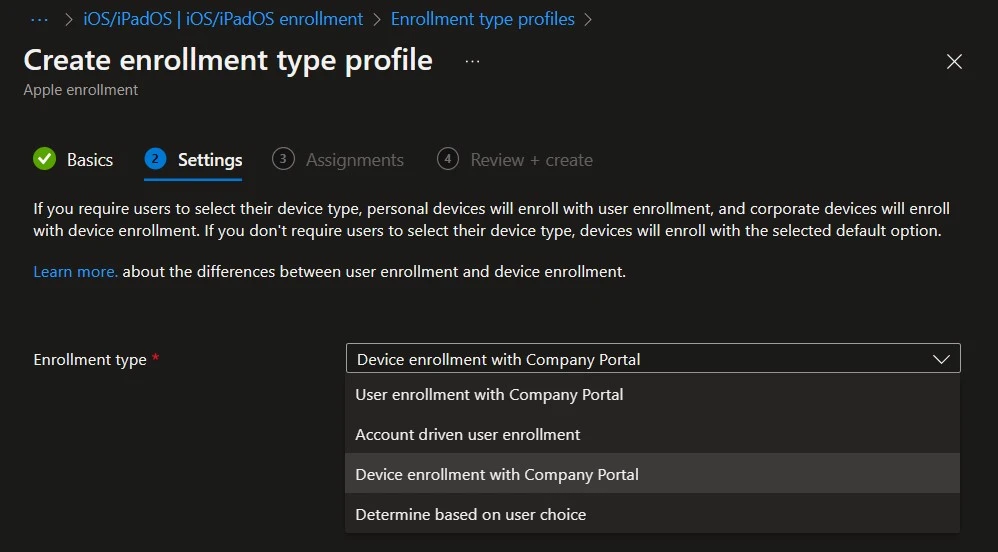 Apple Enrollment Type Profile - Account Driven User Enrollment on iOS/iPadOS from Intune Fig.2