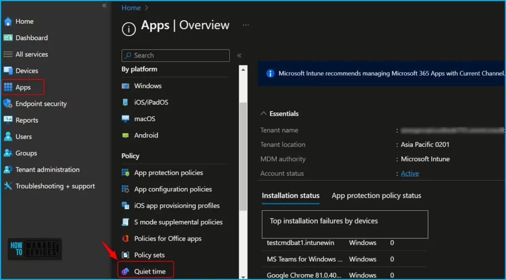 Configure Intune Quiet Time Policy for iOS/iPadOS and Android Apps Fig.1