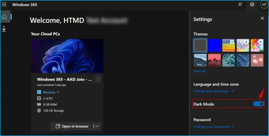 Power of Dark Mode on Windows 365 Cloud PC Web Portal Fig.3
