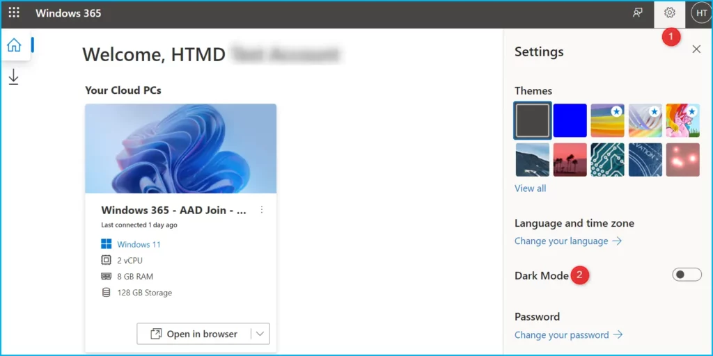 Power of Dark Mode on Windows 365 Cloud PC Web Portal Fig.2