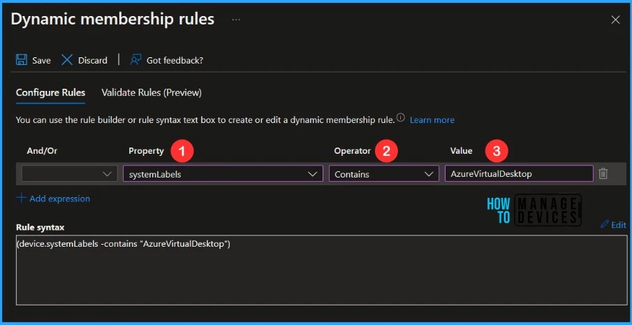 Create AVD Azure AD Dynamic Device Group using systemLabels Property Fig.3